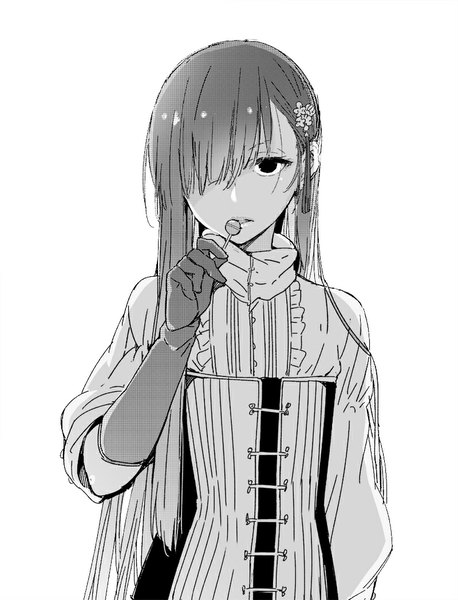 Anime picture 800x1047 with original mukuro (sakiyo cake) sakiyo cake single long hair tall image looking at viewer fringe simple background white background holding parted lips lips black eyes monochrome otoko no ko dark hair boy gloves hair ornament