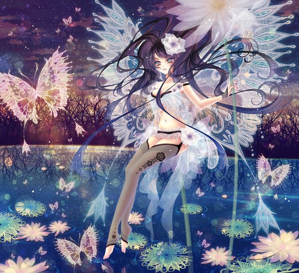 Anime picture 1000x912 with original nishiwaki yuuri single long hair blue eyes light erotic purple hair insect wings butterfly wings girl thighhighs navel flower (flowers) water insect butterfly