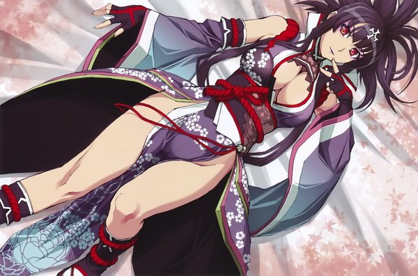 Anime picture 4328x2860 with hyakka ryouran samurai girls arms corporation nishii (nitroplus) single long hair looking at viewer highres breasts light erotic black hair red eyes absurdres traditional clothes japanese clothes scan official art finger to mouth girl gloves kimono