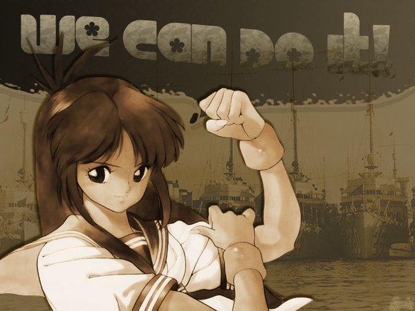 Anime picture 1600x1200 with tagme (copyright) single brown hair black eyes muscle brown background girl uniform school uniform sea sailor suit watercraft ship