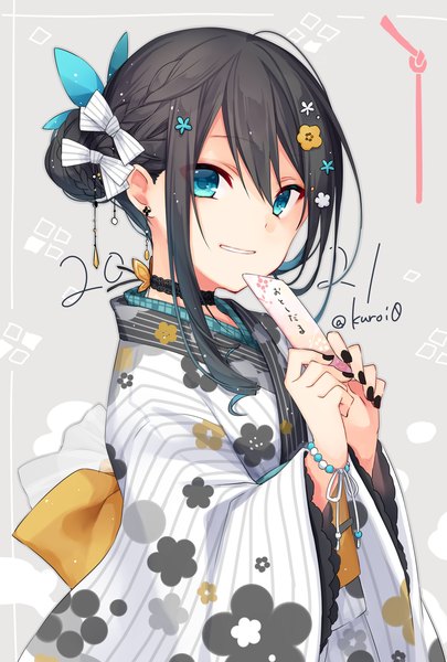 Anime picture 1181x1748 with original kuroi (liar-player) single long hair tall image looking at viewer fringe black hair hair between eyes signed upper body nail polish traditional clothes japanese clothes aqua eyes grey background twitter username new year black nail polish 2021