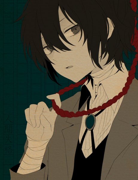 Anime picture 770x1000 with bungou stray dogs studio bones dazai osamu (bungou stray dogs) rrrei01 single tall image looking at viewer fringe short hair open mouth black hair simple background hair between eyes brown hair payot upper body head tilt grey eyes text pale skin