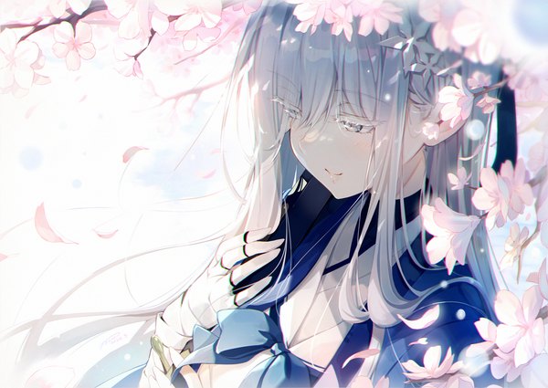 Anime picture 2263x1602 with blue archive nagusa (blue archive) tel-o single long hair fringe highres smile signed looking away silver hair upper body hair over one eye cherry blossoms dated silver eyes girl hair ornament petals bandage (bandages)