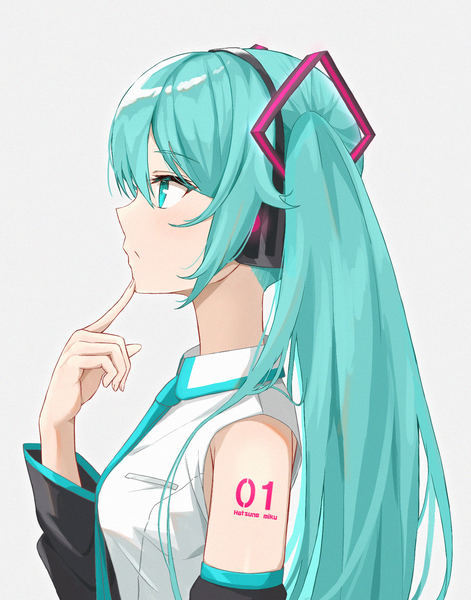Anime picture 1625x2068 with vocaloid hatsune miku norio (noriosub) single long hair tall image fringe simple background hair between eyes twintails looking away upper body profile aqua eyes aqua hair grey background finger to mouth girl detached sleeves headphones