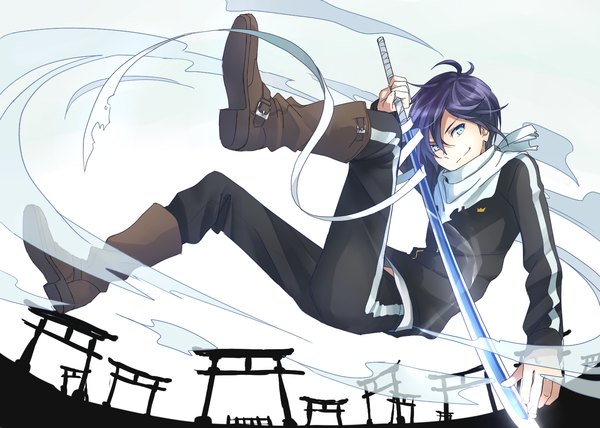 Anime picture 1400x1000 with noragami studio bones yato (noragami) otton single fringe short hair smile holding purple hair aqua eyes glowing weightlessness glowing weapon boy uniform weapon sword katana bandage (bandages)