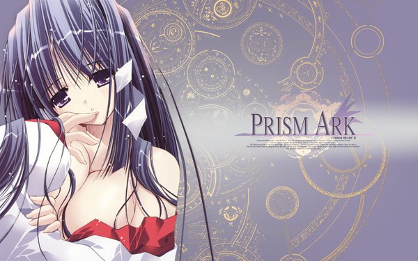 Anime picture 1920x1200 with prism ark kagura (prism ark) highres breasts light erotic wide image purple eyes blue hair miko girl