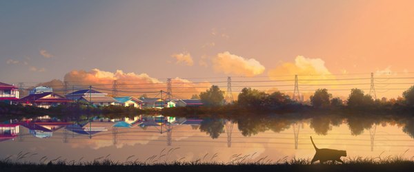 Anime picture 1920x800 with original mclelun highres wide image signed sky cloud (clouds) sunlight evening reflection sunset no people walking plant (plants) animal tree (trees) water building (buildings) cat grass