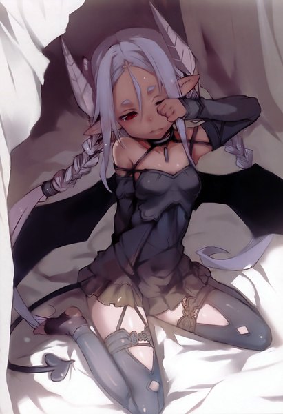 Anime picture 1870x2729 with original bunbun single long hair tall image fringe highres red eyes sitting twintails bare shoulders silver hair tail braid (braids) very long hair one eye closed barefoot horn (horns) lips pointy ears