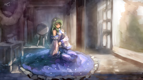 Anime picture 2732x1536 with touhou kochiya sanae myero (artist) single long hair looking at viewer highres wide image bare shoulders green eyes signed green hair girl dress hair ornament detached sleeves