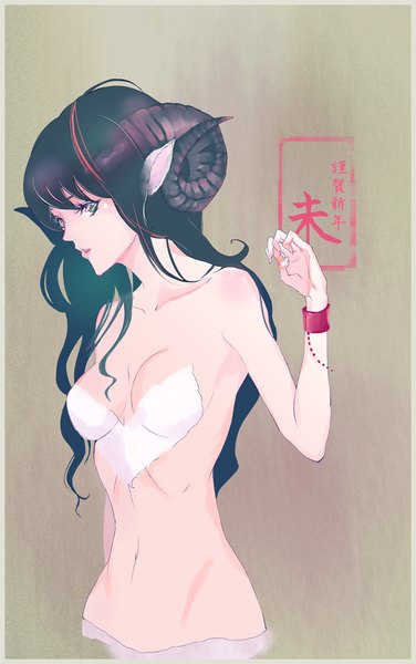 Anime picture 600x957 with original ic-kaname single long hair tall image breasts light erotic simple background brown hair bare shoulders green eyes animal ears horn (horns) hieroglyph 2015 sheep girl sheep ears girl navel bracelet