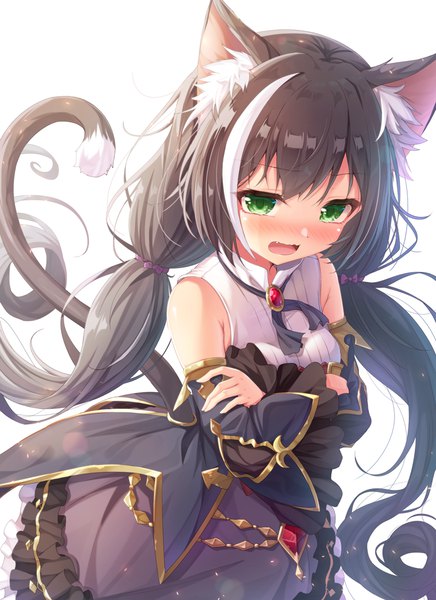 Anime picture 800x1099 with princess connect! re:dive princess connect! karyl (princess connect!) matokechi single tall image blush open mouth black hair simple background white background twintails green eyes animal ears tail very long hair animal tail multicolored hair cat ears two-tone hair