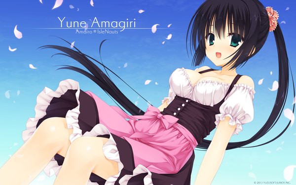 Anime picture 1920x1200 with amairo islenauts yuzusoft amagiri yune muririn single long hair blush highres open mouth black hair wide image green eyes ponytail girl dress petals