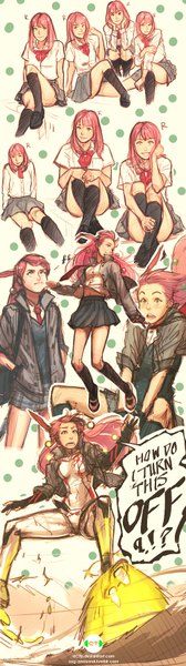 Anime picture 500x1776 with a.s.g.a.m. original annie mei (dctb) dctb long hair tall image open mouth pink hair pleated skirt open clothes open jacket multiple persona concept art girl skirt navel uniform school uniform miniskirt socks