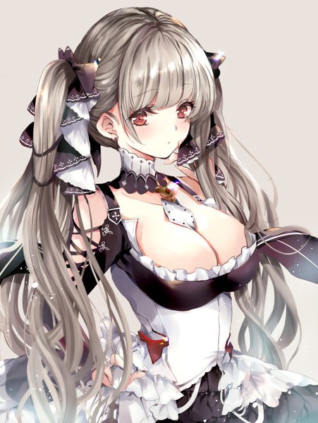 Anime picture 1100x1464 with azur lane formidable (azur lane) hinahino single long hair tall image looking at viewer blush fringe breasts light erotic simple background red eyes large breasts standing twintails bare shoulders cleavage upper body blunt bangs