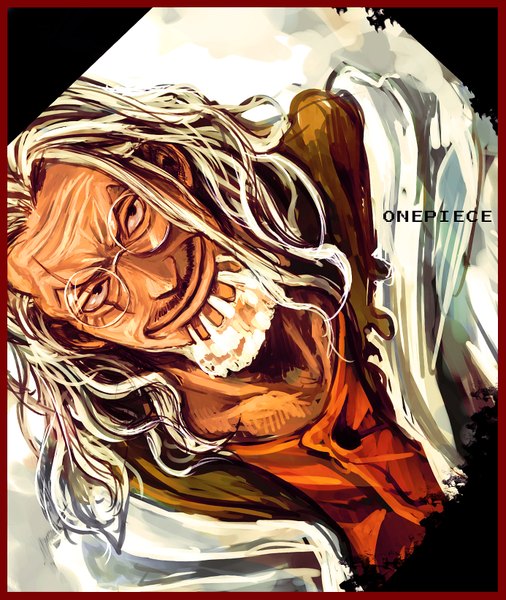 Anime picture 1385x1643 with one piece toei animation silvers rayleigh tsuyomaru single tall image smile white hair border scar old man boy glasses