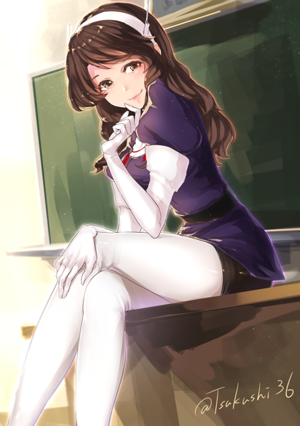 Anime picture 595x842 with kantai collection ashigara heavy cruiser kyara36 single long hair tall image looking at viewer smile brown hair sitting brown eyes bent knee (knees) crossed legs finger to mouth girl skirt gloves hair ornament pantyhose elbow gloves