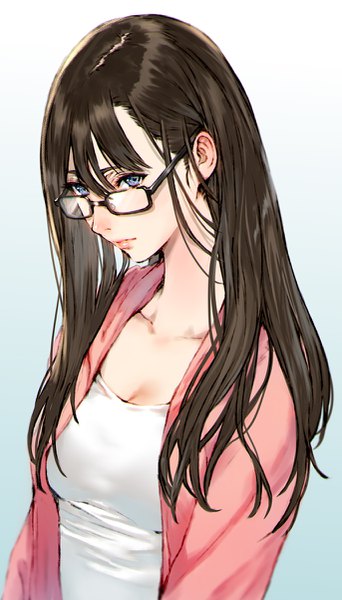 Anime picture 685x1200 with original makimura shunsuke single long hair tall image looking at viewer fringe blue eyes simple background hair between eyes brown hair upper body lips gradient background girl glasses cardigan