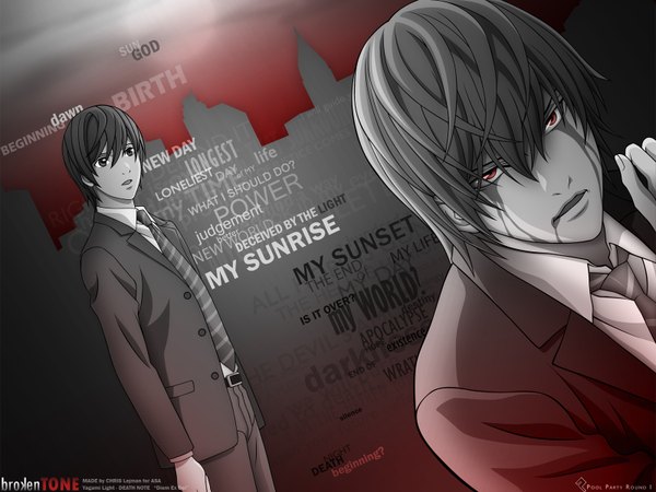 Anime picture 1600x1200 with death note madhouse yagami light short hair open mouth red eyes grey hair monochrome dual persona boy shirt necktie pants suit