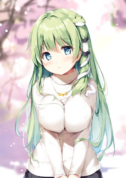 Anime picture 688x973 with touhou kochiya sanae miyase mahiro single long hair tall image looking at viewer blush fringe breasts open mouth blue eyes light erotic hair between eyes large breasts standing payot upper body outdoors head tilt