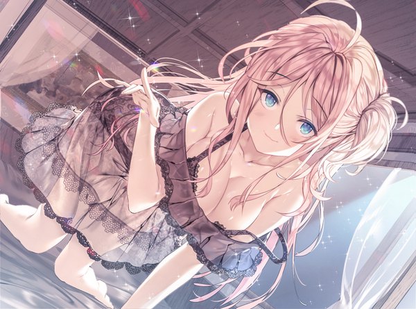 Anime picture 1120x831 with original aile (crossroads) single long hair looking at viewer blush fringe breasts blue eyes light erotic smile hair between eyes large breasts bare shoulders payot pink hair cleavage ahoge bent knee (knees) indoors