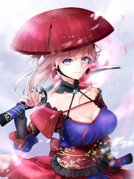 Anime picture 1536x2048 with fate (series) fate/grand order miyamoto musashi (fate) hane yuki single long hair tall image looking at viewer blush fringe breasts blue eyes smile hair between eyes large breasts pink hair cleavage upper body traditional clothes japanese clothes