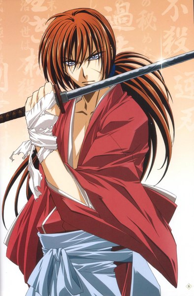 Anime picture 3019x4597 with rurouni kenshin himura kenshin nakajima atsuko long hair tall image highres brown hair absurdres japanese clothes grey hair scar boy sword katana bandage (bandages)