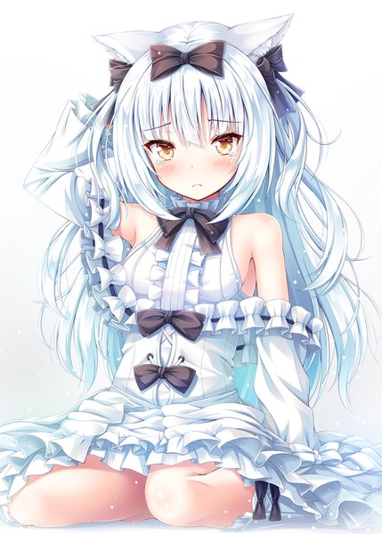 Anime picture 1100x1539 with azur lane yukikaze (azur lane) yukikaze (swings-sama) (azur lane) akashio (loli ace) single long hair tall image looking at viewer blush fringe simple background hair between eyes white background sitting bare shoulders animal ears yellow eyes payot silver hair cat ears