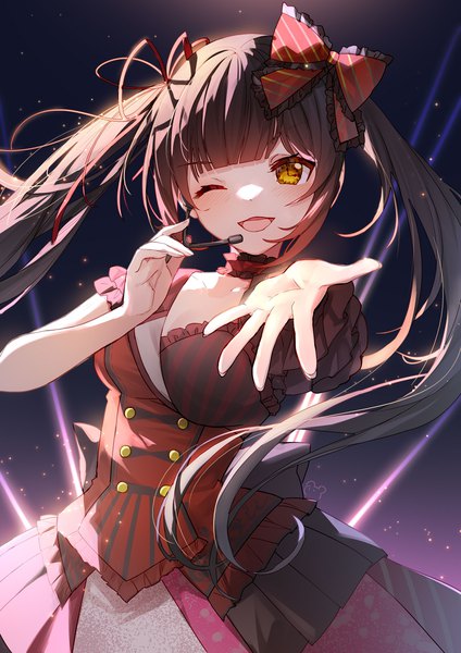 Anime picture 1000x1414 with date a live tokisaki kurumi bison cangshu single long hair tall image looking at viewer blush fringe open mouth black hair smile standing twintails yellow eyes payot blunt bangs one eye closed wink alternate costume