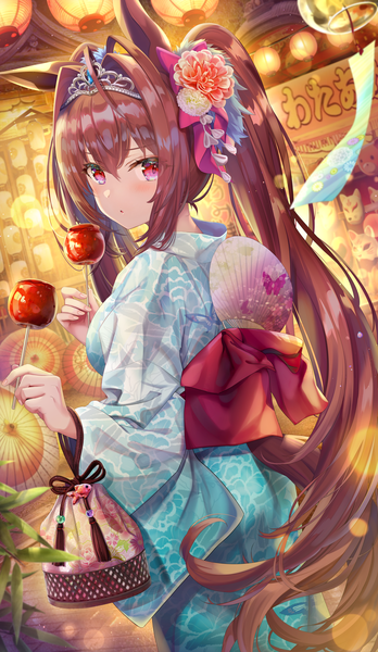 Anime picture 5797x10000 with umamusume daiwa scarlet (umamusume) torino aqua single long hair tall image looking at viewer blush fringe highres breasts open mouth hair between eyes red eyes brown hair standing twintails holding animal ears payot