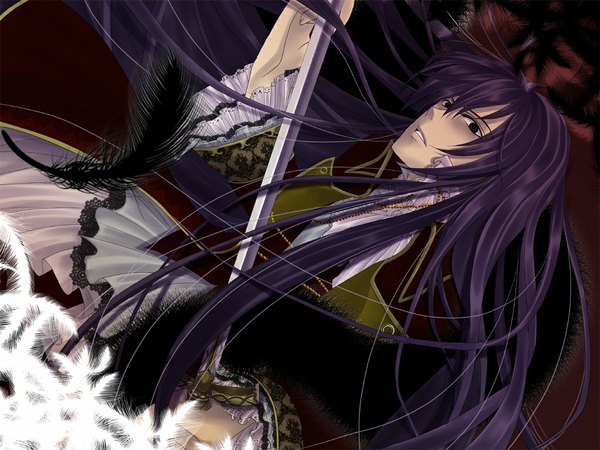 Anime picture 1024x768 with vocaloid kamui gakupo long hair looking at viewer fringe purple eyes holding purple hair weapon sword katana feather (feathers) lace