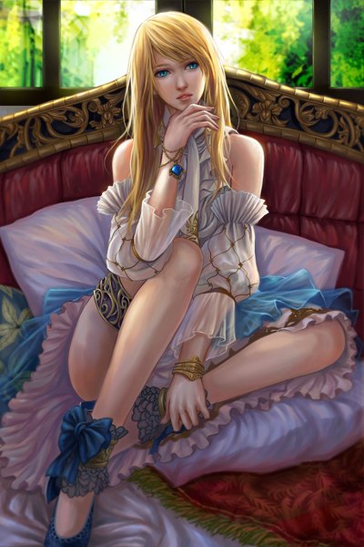 Anime picture 1000x1500 with original pengnangehao single long hair tall image looking at viewer blue eyes blonde hair bare shoulders girl dress frills bracelet pillow