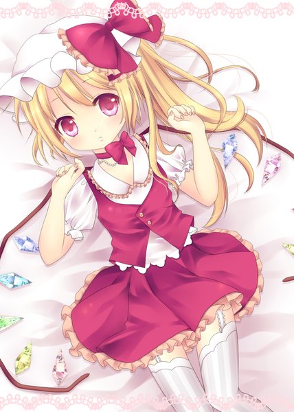 Anime picture 1500x2100 with touhou flandre scarlet harukaruha (artist) single tall image short hair blonde hair red eyes lying girl thighhighs dress skirt bow white thighhighs wings bonnet skirt set crystal