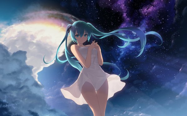 Anime picture 1920x1200 with vocaloid hatsune miku cait single long hair looking at viewer fringe highres smile hair between eyes standing twintails bare shoulders cloud (clouds) aqua eyes wind aqua hair night wallpaper night sky