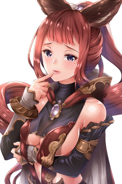 Anime picture 932x1400 with granblue fantasy selfira amasora taichi single long hair tall image looking at viewer blush fringe breasts light erotic simple background brown hair large breasts standing white background animal ears payot ponytail fingernails