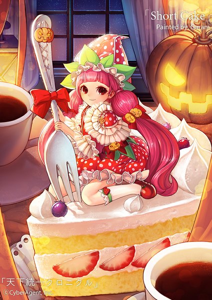 Anime picture 724x1023 with original garam single long hair tall image looking at viewer red eyes twintails pink hair girl dress socks food frills sweets white socks cup berry (berries) cake strawberry
