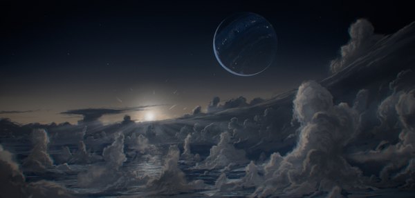 Anime picture 1307x627 with original justinas vitkus wide image sky cloud (clouds) landscape sun planet