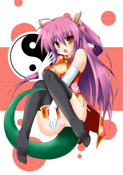 Anime picture 1240x1754 with little busters! key (studio) futaki kanata kagura nanaki (artist) single long hair tall image open mouth light erotic red eyes bare shoulders purple hair ponytail tail horn (horns) no shoes chinese clothes girl thighhighs underwear