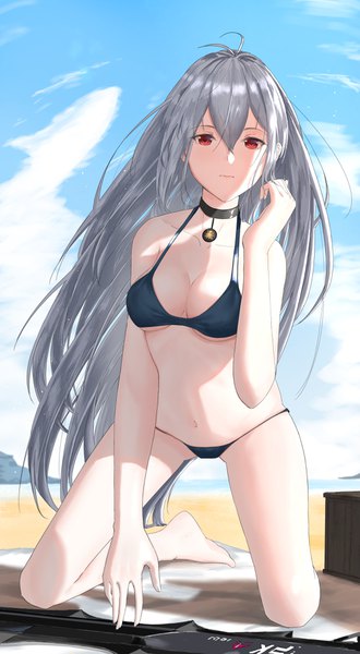 Anime picture 2200x4000 with arknights skadi (arknights) eleaaa single long hair tall image looking at viewer blush fringe highres breasts light erotic hair between eyes red eyes large breasts bare shoulders payot sky cleavage silver hair