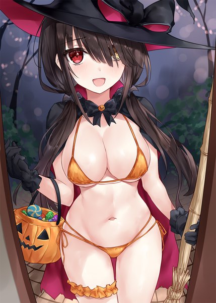 Anime picture 907x1268 with date a live tokisaki kurumi asle single long hair tall image looking at viewer blush fringe breasts open mouth light erotic black hair red eyes large breasts standing twintails holding yellow eyes cleavage