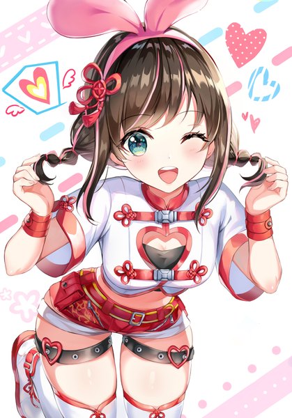 Anime picture 778x1113 with virtual youtuber a.i. channel kizuna ai kizuna ai (chinese) narae single tall image looking at viewer blush fringe short hair open mouth brown hair standing green eyes braid (braids) one eye closed multicolored hair wink two-tone hair