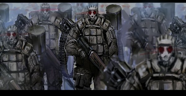 Anime picture 1400x724 with original jittsu wide image warrior army boy weapon armor gun gas mask