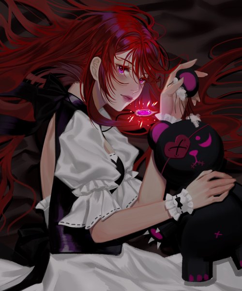 Anime picture 2500x3000 with original samsoon single long hair tall image looking at viewer blush fringe highres hair between eyes holding red hair lying pink eyes lips puffy sleeves glowing on side torn girl