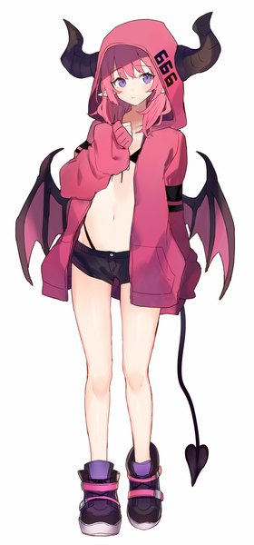 Anime picture 550x1178 with original shugao single long hair tall image looking at viewer blush fringe breasts light erotic simple background standing white background purple eyes pink hair cleavage full body tail long sleeves horn (horns)