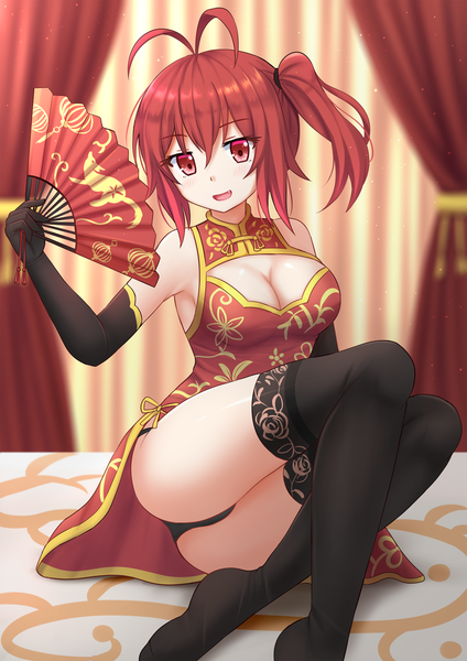 Anime picture 1200x1697 with original kazenokaze single tall image looking at viewer short hair breasts light erotic red eyes cleavage ahoge red hair traditional clothes pantyshot side ponytail chinese clothes pantyshot sitting cleavage cutout girl thighhighs