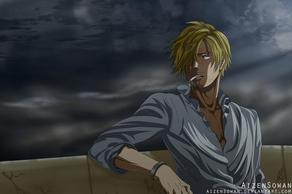 Anime picture 3000x2001 with one piece toei animation sanji aizen sowan single fringe highres short hair open mouth blue eyes blonde hair signed looking away cloud (clouds) upper body outdoors hair over one eye teeth coloring smoke