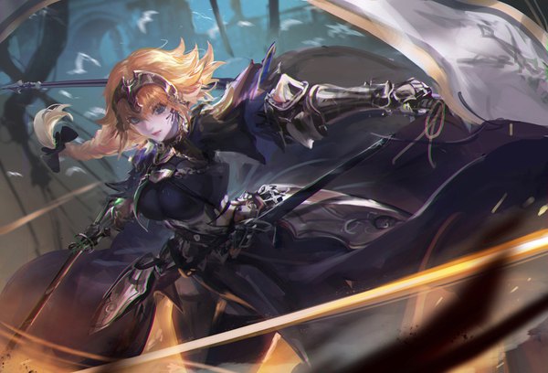 Anime picture 1761x1200 with fate (series) fate/apocrypha jeanne d'arc (fate) (all) jeanne d'arc (fate) kang kang zi single long hair looking at viewer highres blue eyes blonde hair braid (braids) lips realistic dutch angle floating hair outstretched arm single braid pale skin serious