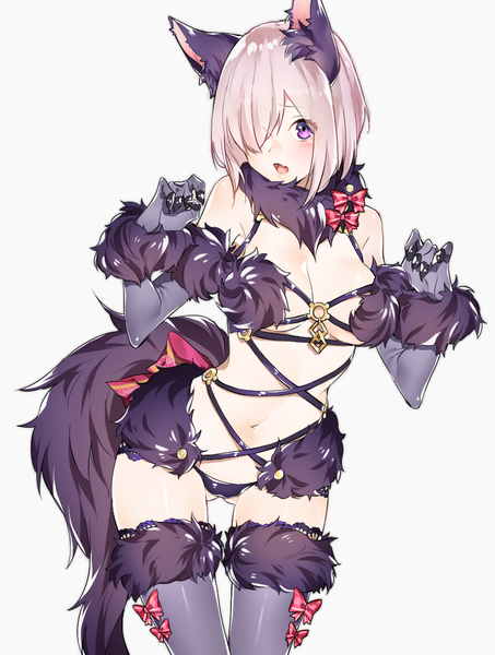 Anime picture 870x1150 with fate (series) fate/grand order mash kyrielight dangerous beast sino42 single tall image fringe short hair breasts open mouth light erotic simple background large breasts white background purple eyes animal ears pink hair tail animal tail