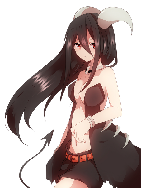 Anime picture 1168x1544 with pokemon nintendo houndoom takeshima eku single long hair tall image looking at viewer fringe light erotic black hair hair between eyes red eyes bare shoulders tail horn (horns) wind no bra bare belly transparent background
