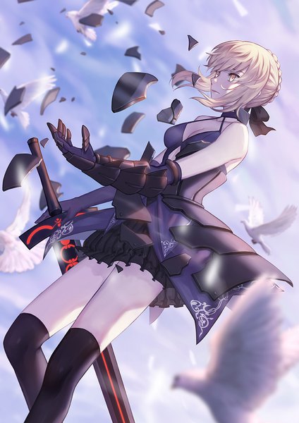 Anime picture 842x1191 with fate (series) fate/grand order artoria pendragon (all) saber alter whitem (whiteemperor2020) single tall image short hair breasts blonde hair holding yellow eyes looking away sky blurry depth of field outstretched hand girl thighhighs weapon