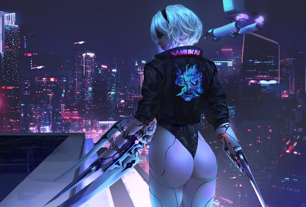 Anime picture 8752x5909 with nier nier:automata cyberpunk 2077 yorha no. 2 type b pod (nier:automata) nixeu single highres short hair light erotic standing holding absurdres silver hair outdoors ass profile from behind realistic night